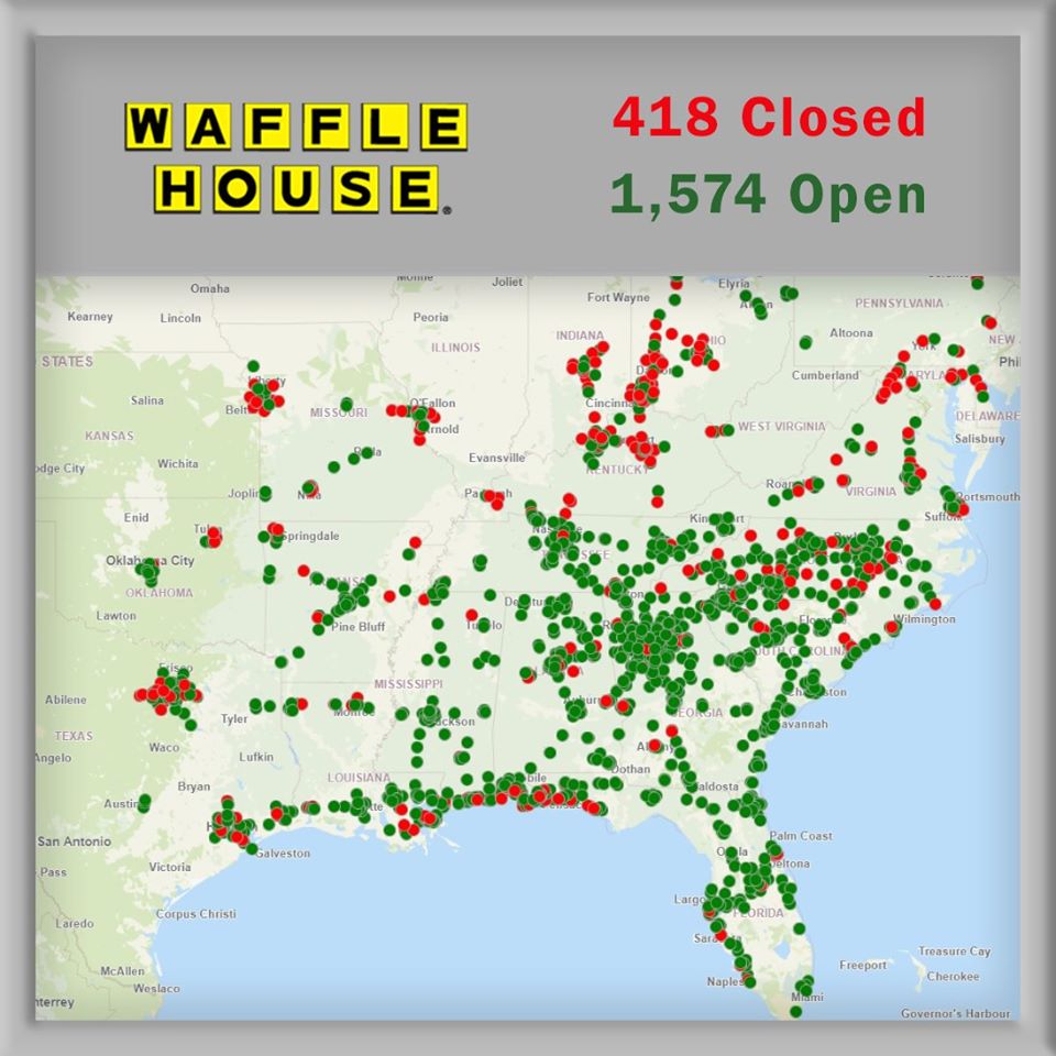 A Google Maps image showing how the Waffle House Index works