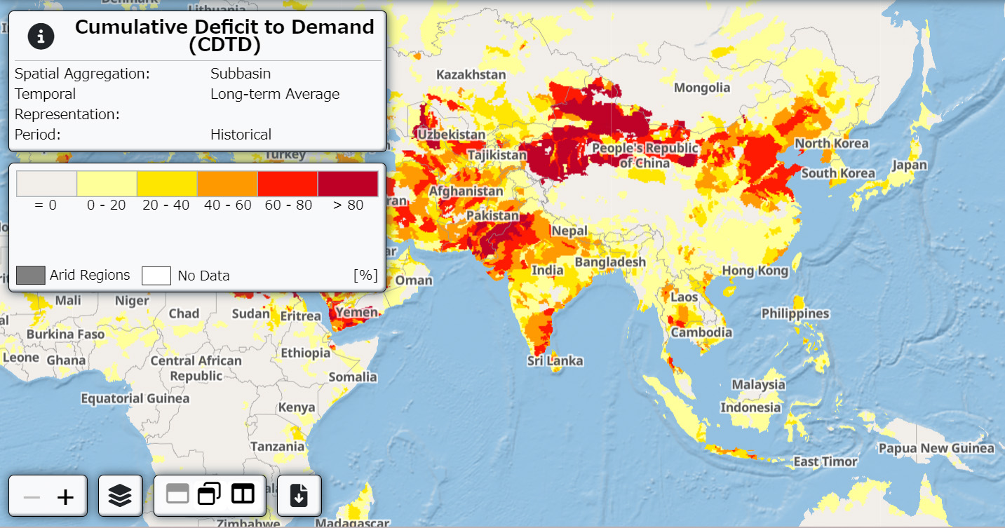 A still of the Water Security Compass, which uses colors on a map to show where the water supply doesn't meet demand.