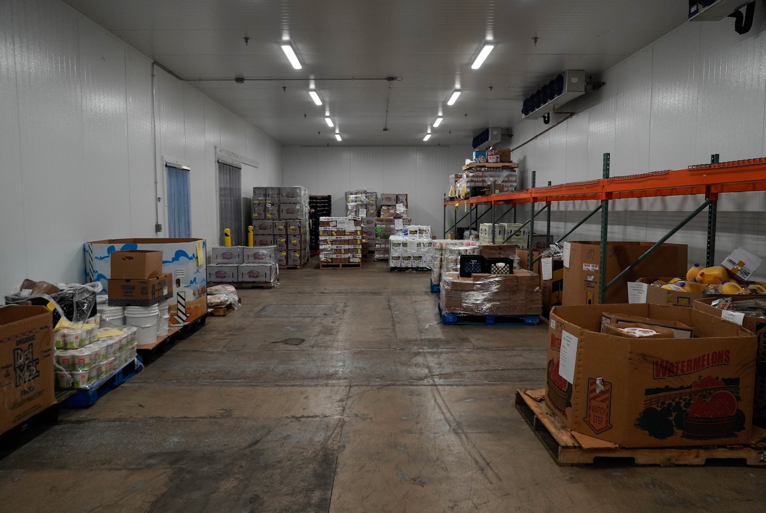 A cold storage area at the We Don't Waste facility has food donations lining the walls, but is mostly empty — food waste