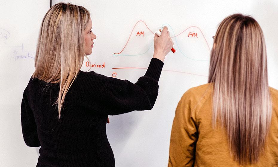 Laurel Meeks writing on a whiteboard, another looking on.