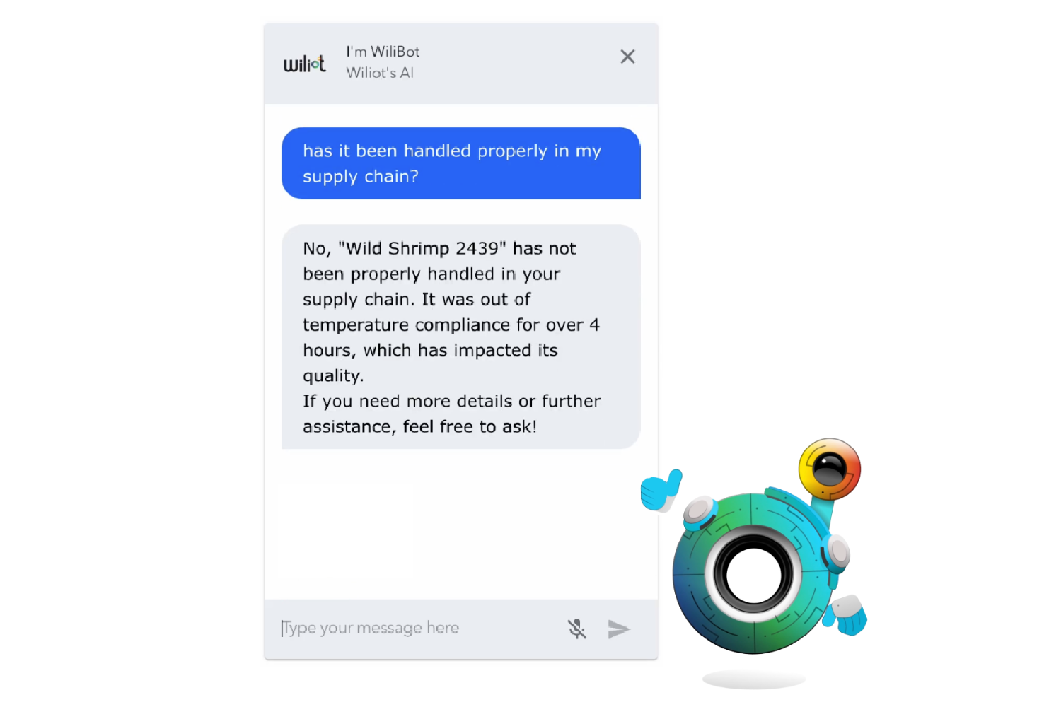 A mock up of a chat conversation about proper handling of products between a user and the WiliBot AI.