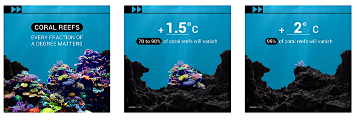 Coral reef image 1 with the text "Coral Reefs - every fraction of a degree matters" Coral reef image 2 with the text "+1.5degree 70-90% of coral reefs will vanish" Coral reef image 3 with the text "+2degrees 99% of coral reefs will vanish"