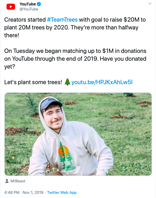 #TeamTrees YouTube influencer campaign raises millions for tree-planting