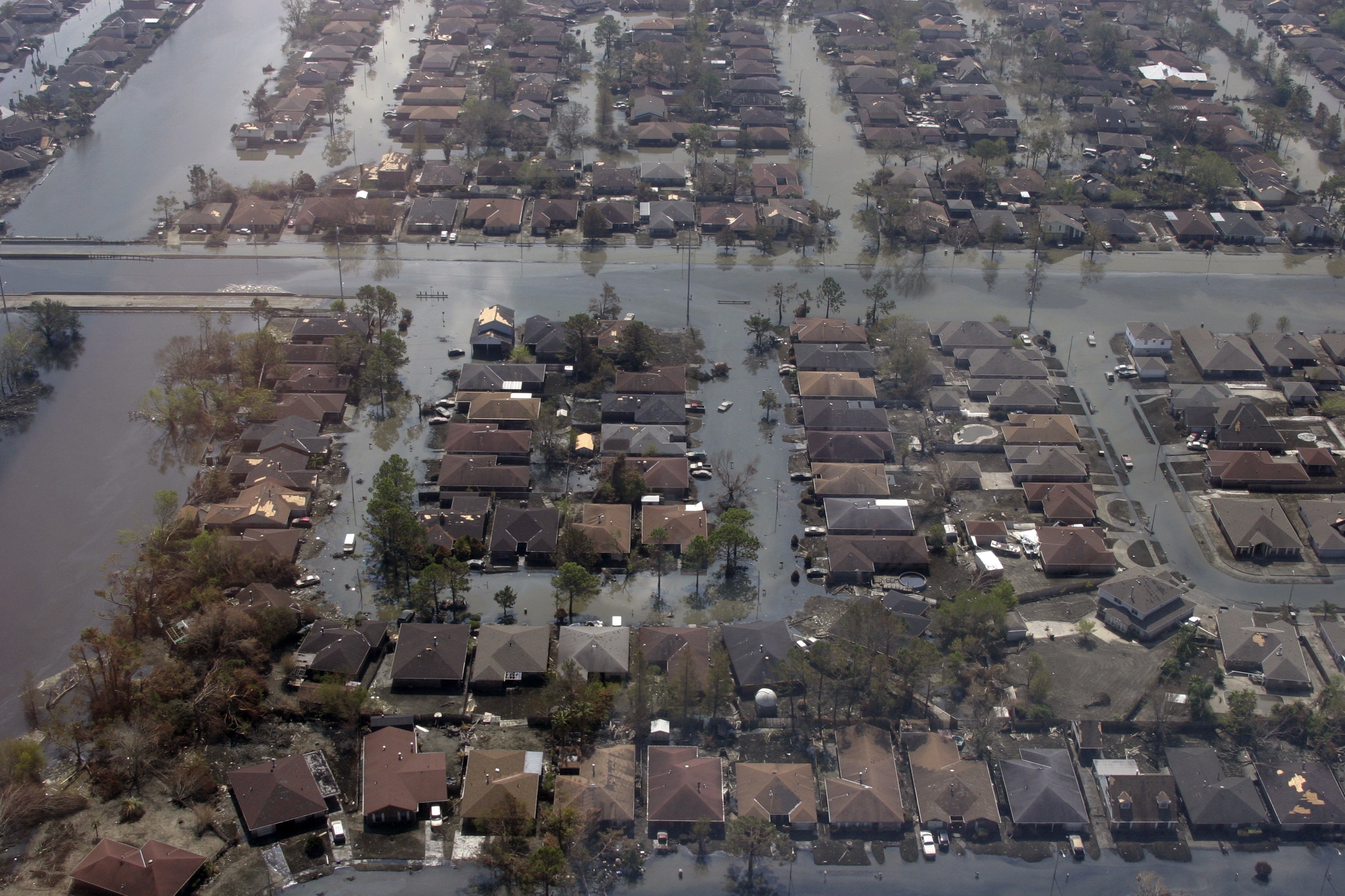 A scene in a neighborhood outside New Orleans after Hurricane Katrina, 2005