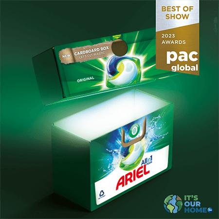 Digital image of Ariel detergent box and "pac global best of show 2023 award" badge.