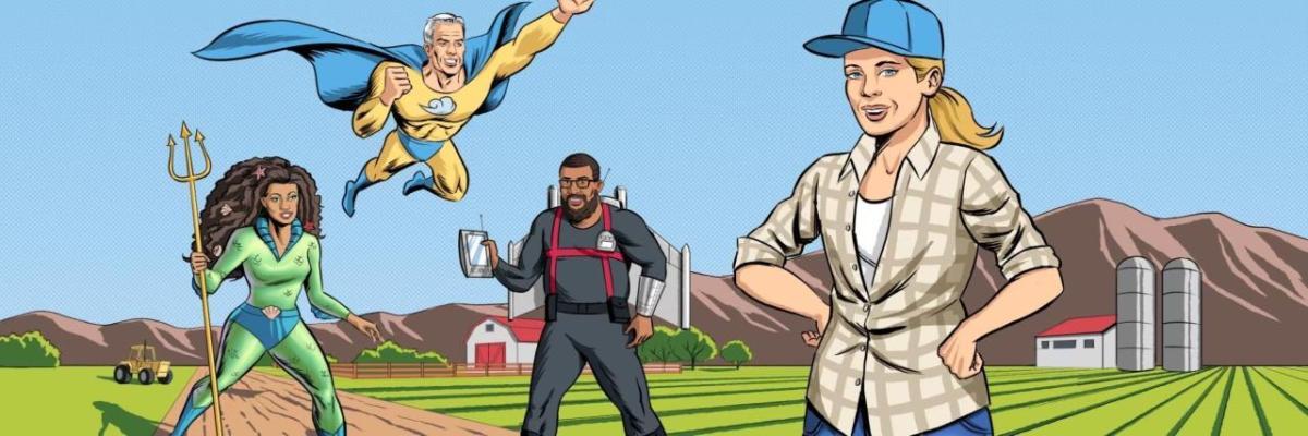 a comicboook-style illustration of superheros and a farmer