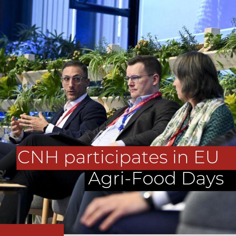 Three people seated on a stage "CNH participates in EU Agri-Food Days"