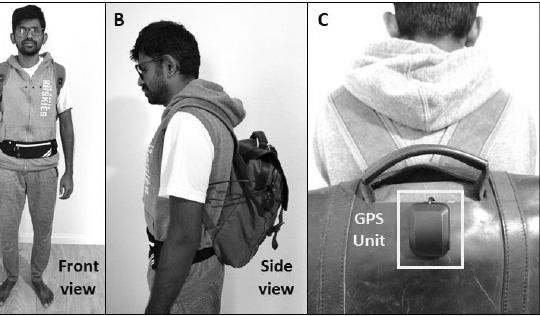 Jagadish K. Mahendran models his AI-powered, voice-activated backpack that can help the visually impaired navigate and perceive the world around them.