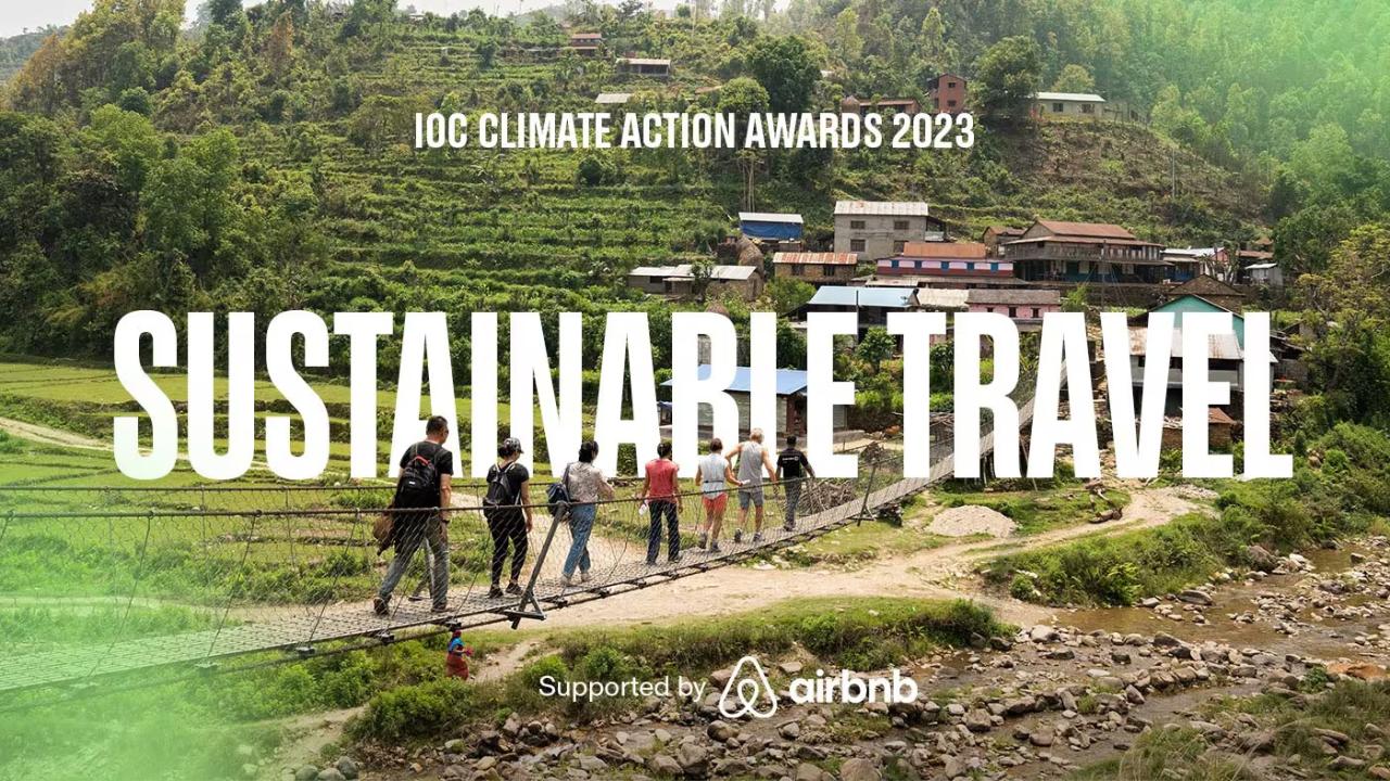 "Sustainable Travel" and Air bnb logo. People crossing a narrow bridge in a mountain terrain.