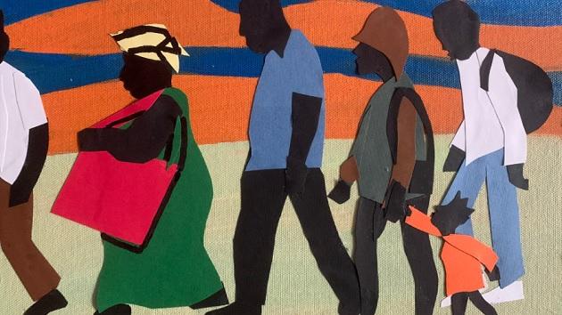 Six colorful Black figures fill the scene,