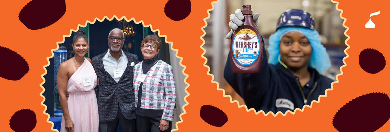 Photos of Hershey employees, one holding a Hershey syrup bottle 