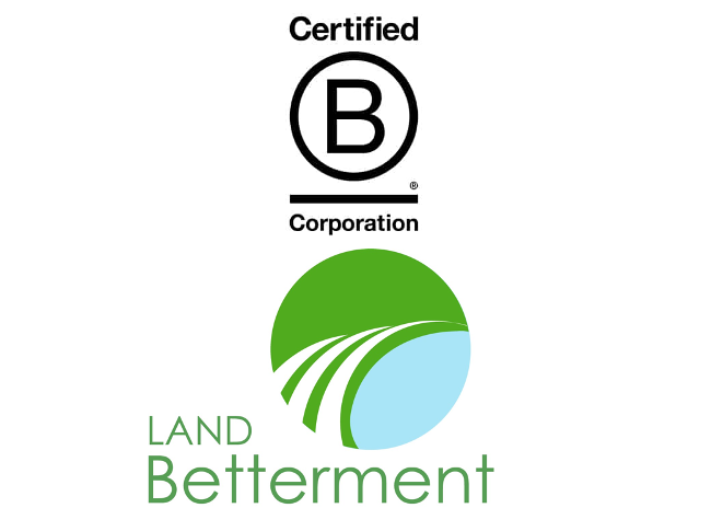 B corp logo and Land Betterment Logo