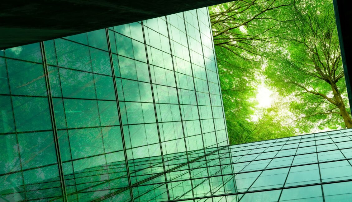Looking up at a glass building and tree