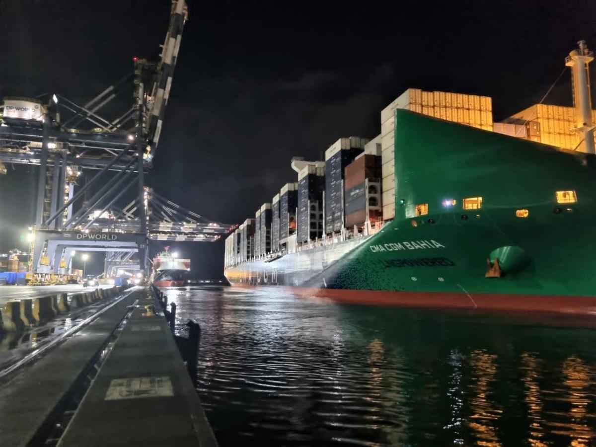 A large container ship in a docking bay