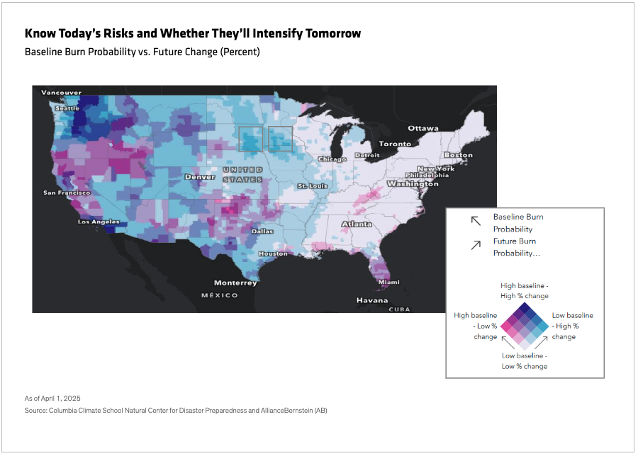 Know today's risks and whether they'll intensify tomorrow: Baseline Burn Probability vs. Future Charge (percent) - map of USA