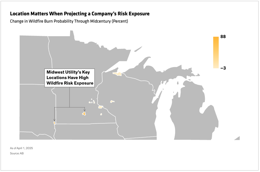 Location matters when projecting a company's risk exposure - Change in Wildfire Burn Probability through Midcentury (Percent) - several northern states shown