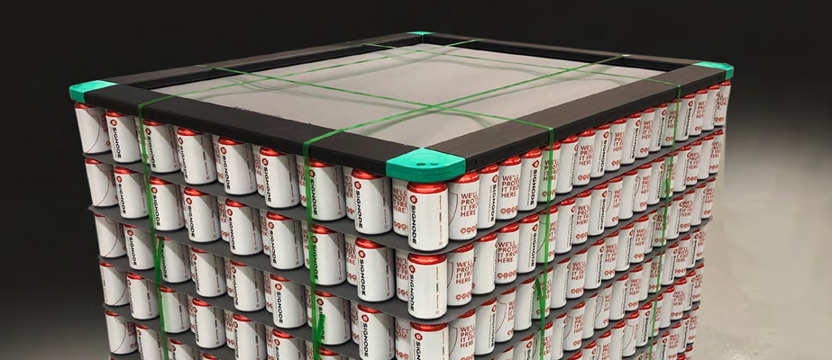 A pallet of aluminum cans strapped together