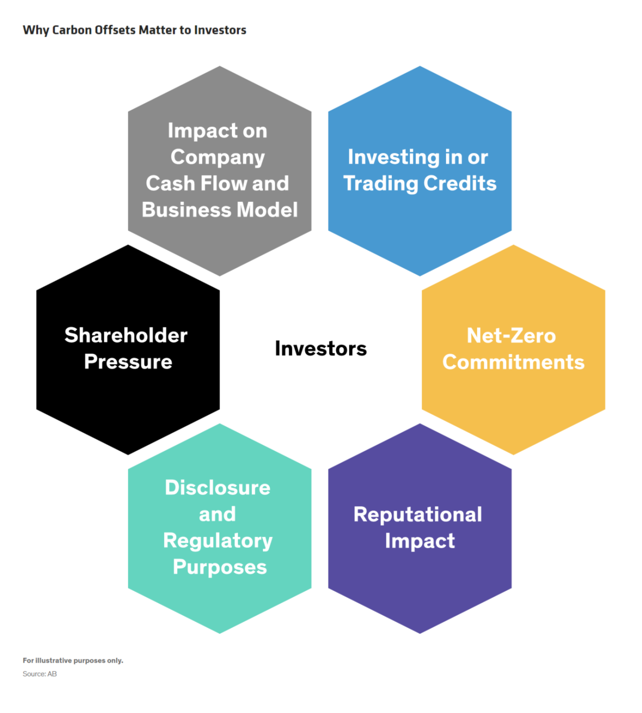 info graphic showing investors as central, with six categories surrounding " why carbon offsets matter to investors