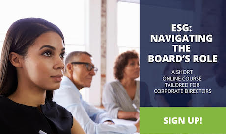 Image of student with text reading “ESG: Navigating the Board’s Role: A short online course for corporate directions. Sign up!"