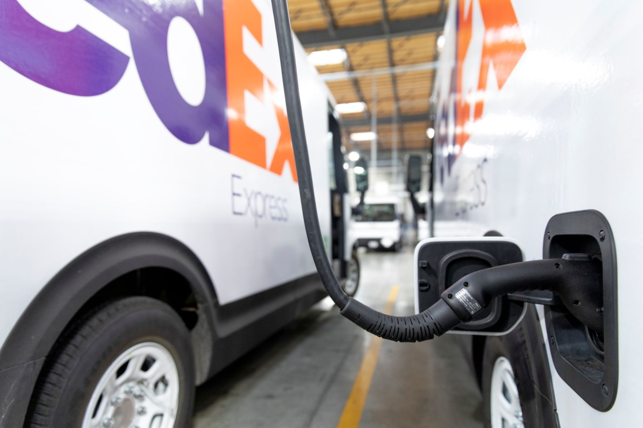 Close up of charging a FedEx electric vehicle