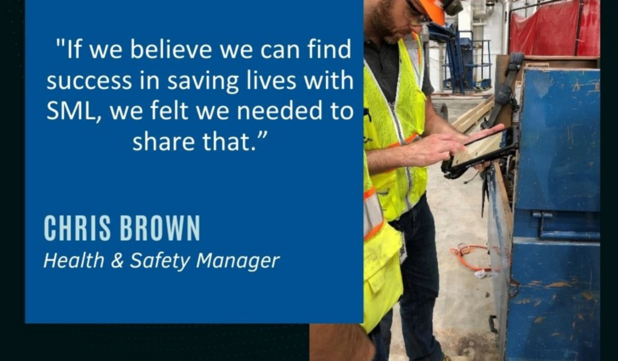Quote from Chris Brown next to an image of a person in high-vis clothing checking a tablet.