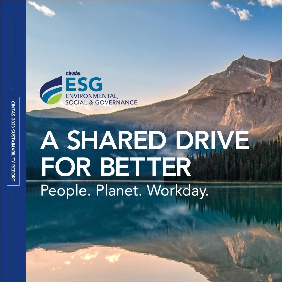 Cintas ESG Report Cover:  A Shared Drive for Better. People. Planet. Workday.