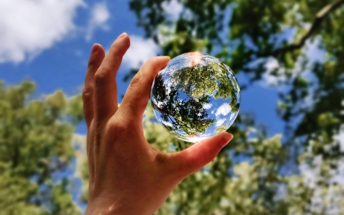 A hand holding a small clear globe. Trees and blue sky behind it.