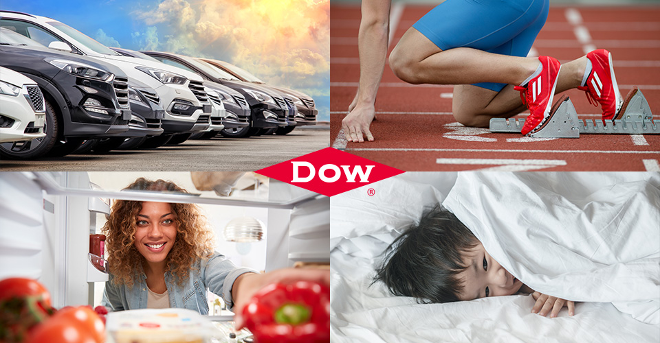 Collage of four photos. A line of vehicles, a runner on starting blocks, a person reaching in a fridge, and a child on a bed with white linens. Dow logo is central.