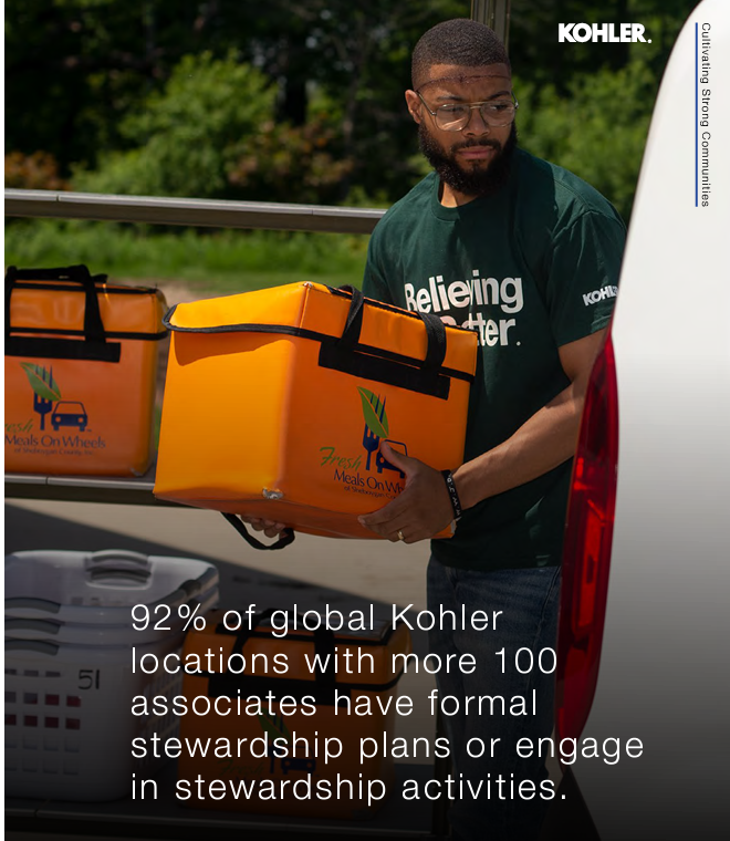 a volunteer unloading an insulated bag "Meals on Wheels" on the front. "92% of global Kohler locations with more 100 associates have formal stewardship plans or engage in stewardship activities."