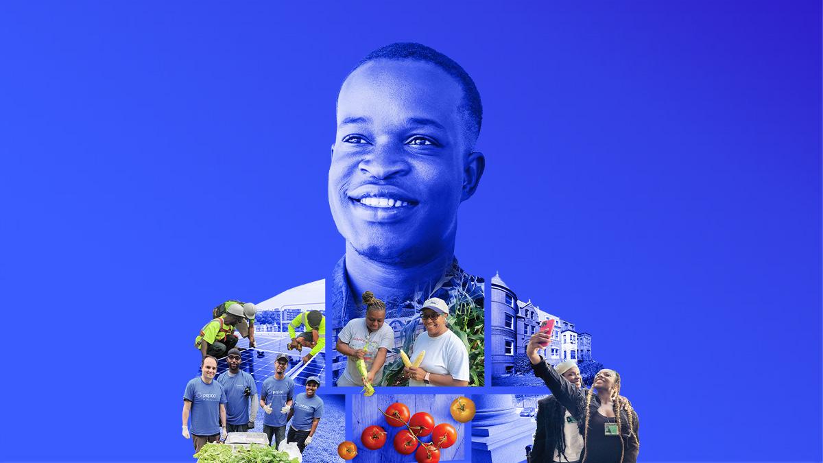 A person and blue background. A collage of photos shaped to fit their torso.