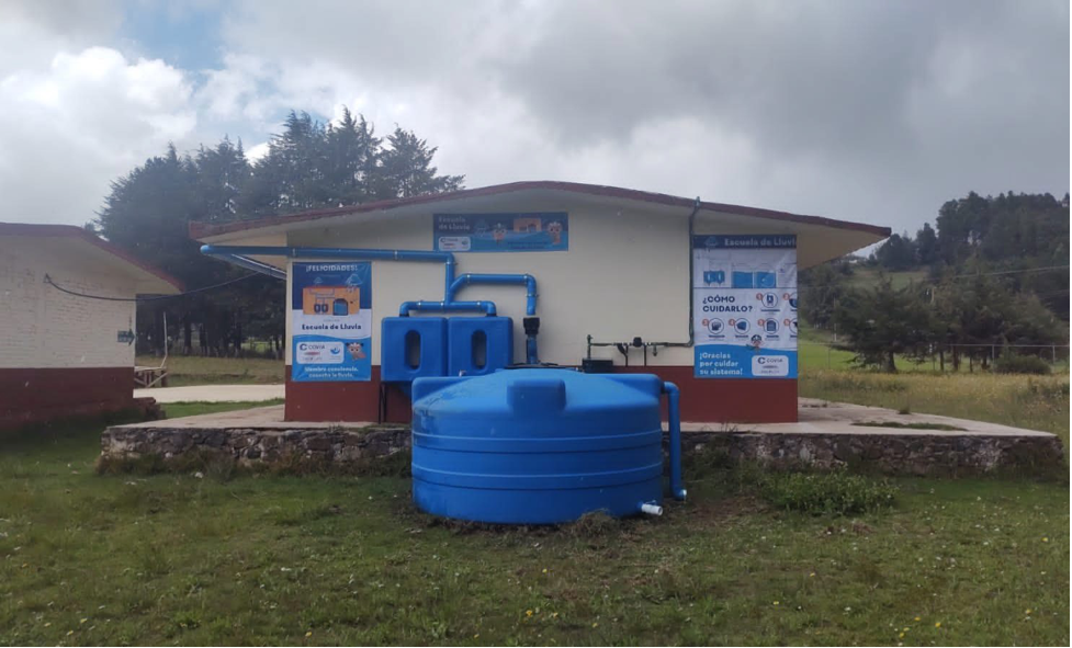 rainwater harvesting system outside a rural school