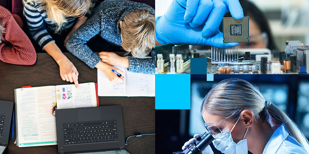 children studying, woman looking through microscope, and woman looking at computer chip