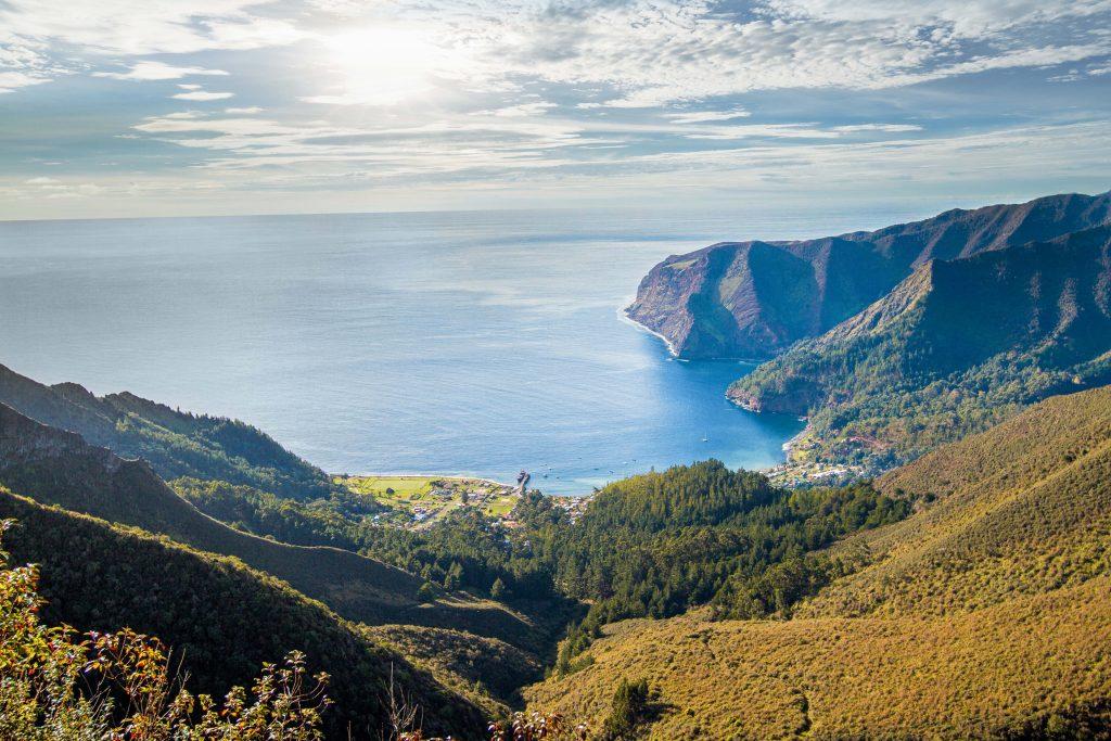 Panoramic view of Crusoe Island from a mountain top.