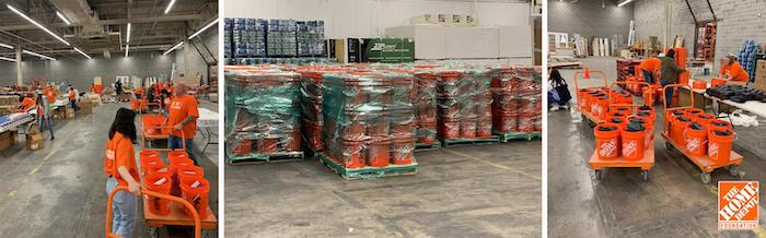Team Depot volunteers are shown preparing 800 relief kits in the TX warehouse.