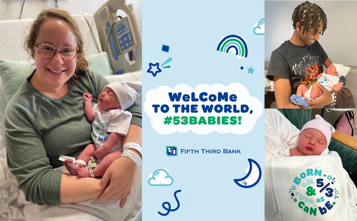 Photos of parents holding newborns and text reading, "Welcome to the world, #53Babies!"
