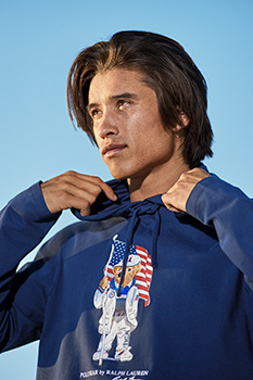 Olympic skateboarder Heimana Reynolds wears the Polo Ralph Lauren ECOFAST Pure Team USA Polo Bear Hoodie.
