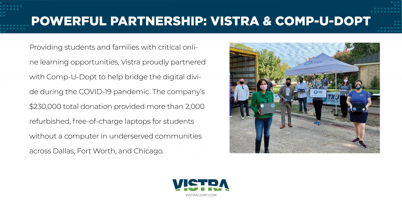 Image of Vistra employees holding awards reads: Powerful partnership: Vistra & Comp-U-Dopt
