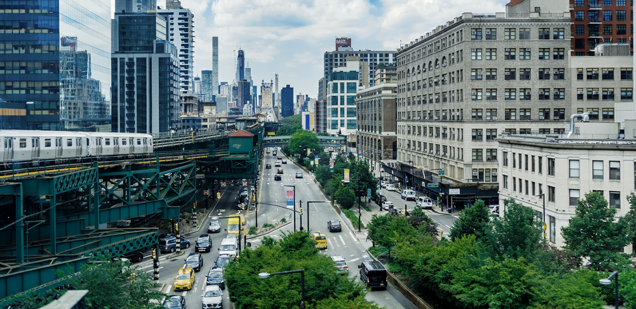 View of a busy street and cityscape