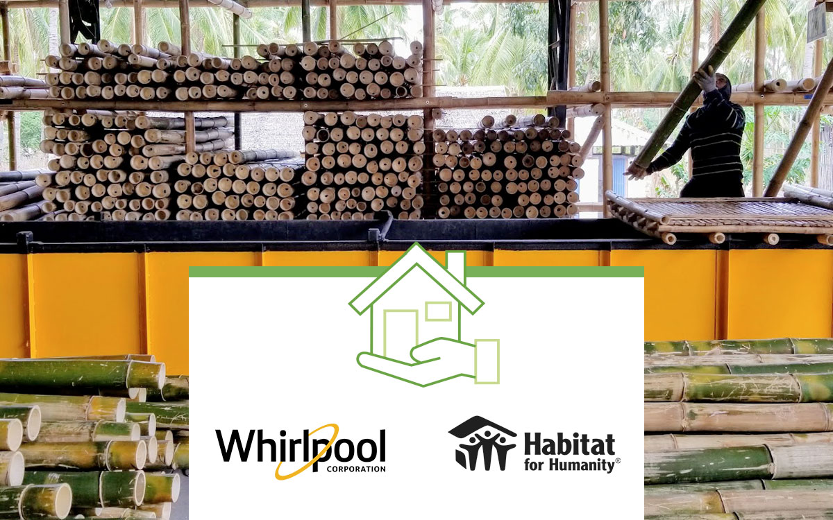 Stacks of logs shown among the logo for Whirlpool and Habitat for Humanity