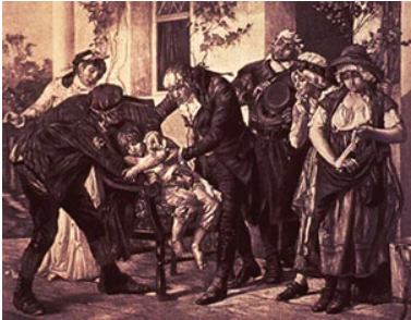 Dr. Edward Jenner inoculating 9-year-old James Phipps with cowpox.