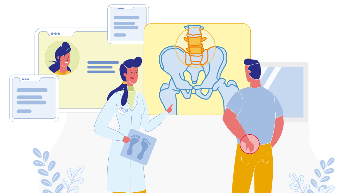 Illustration of doctor showing patient an X-ray of their spine