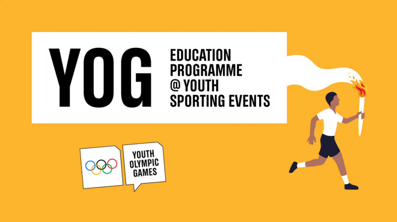 Graphic of olympic jogger reads: YOG Education programme @ youth sporting events