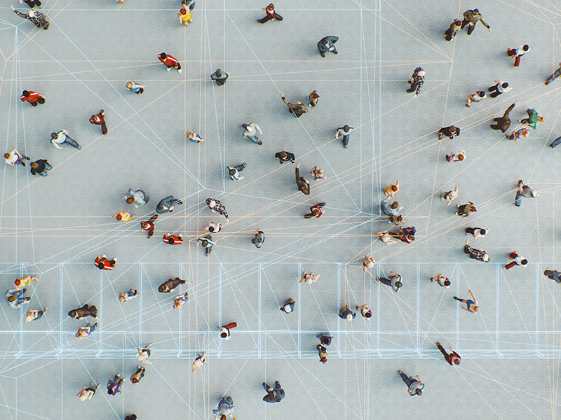 Birds eye view of people walking