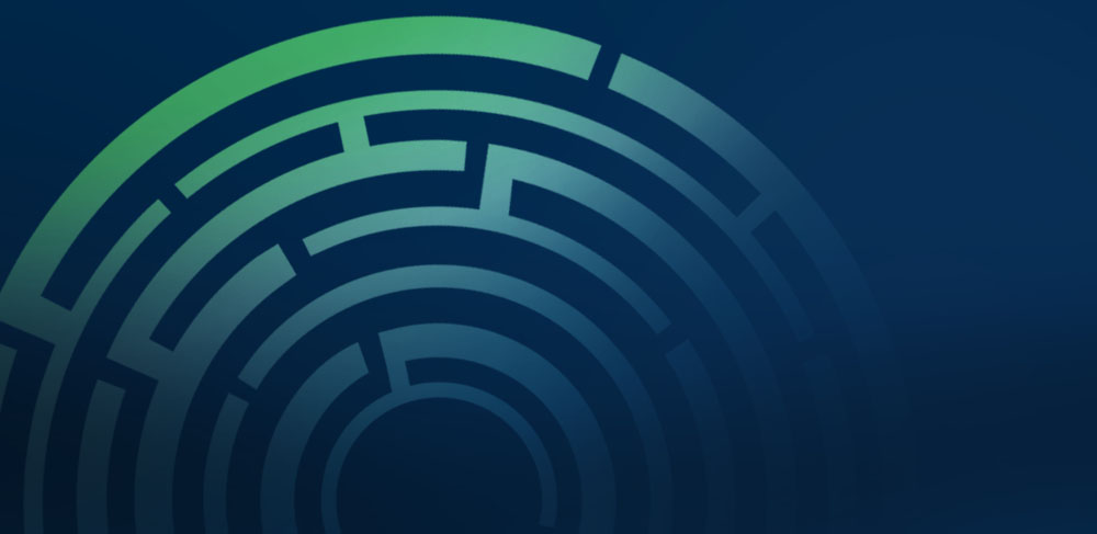 abstract image of light green circular maze on a blue background