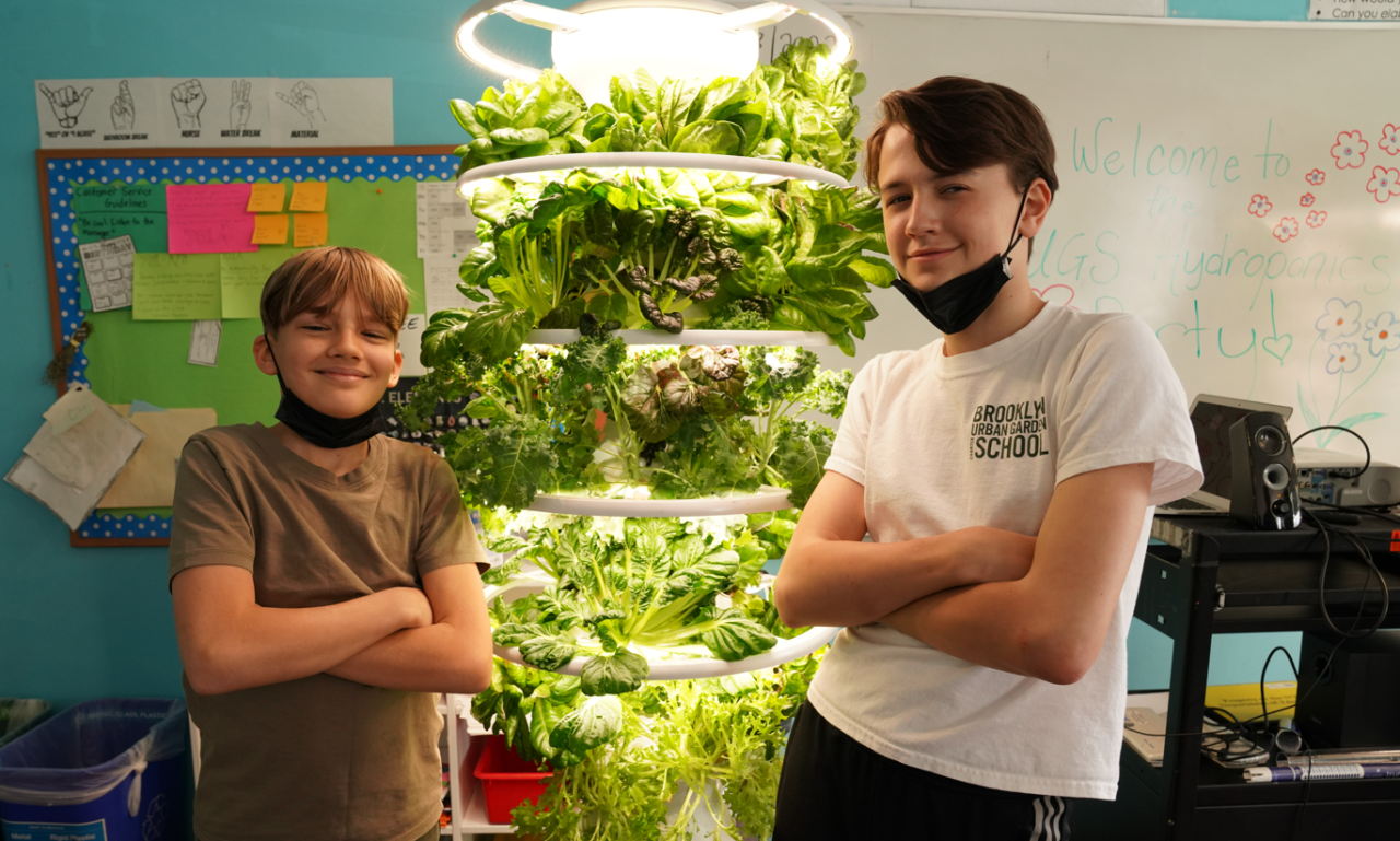 Two students pose with arms crossed in front of hydroponic classroom plants
