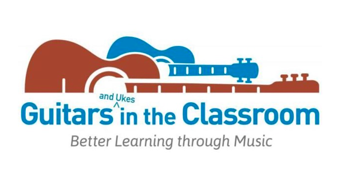 illustration of guitars on their sides reads: Guitars and Ukes in the classroom. Better learning through music.