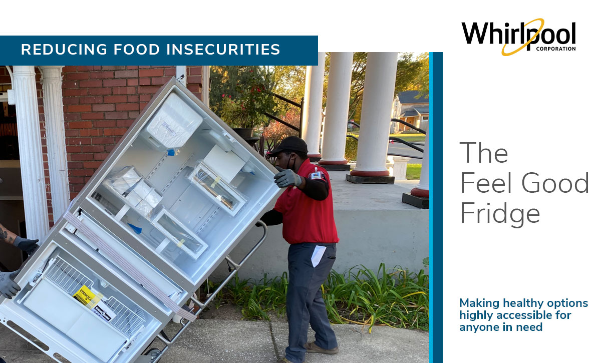 Image of a fridge delivery reads: Reducing Food insecurities