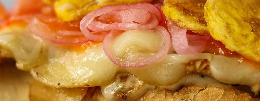 Close up of a chicken sandwich with melted cheese, red onions, and other ingredients.