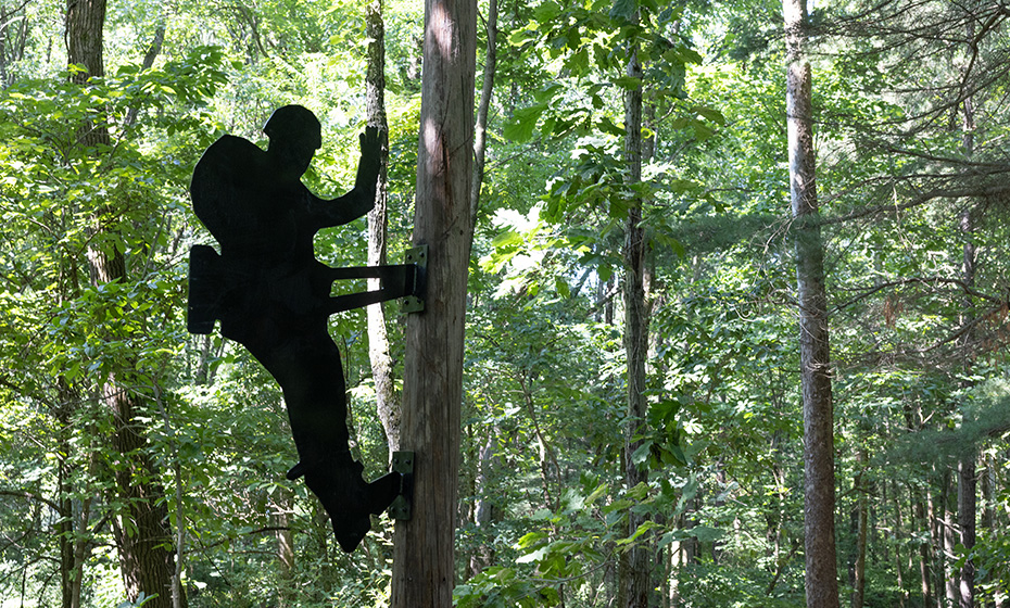 a black cutout of a military person on the side of a tree