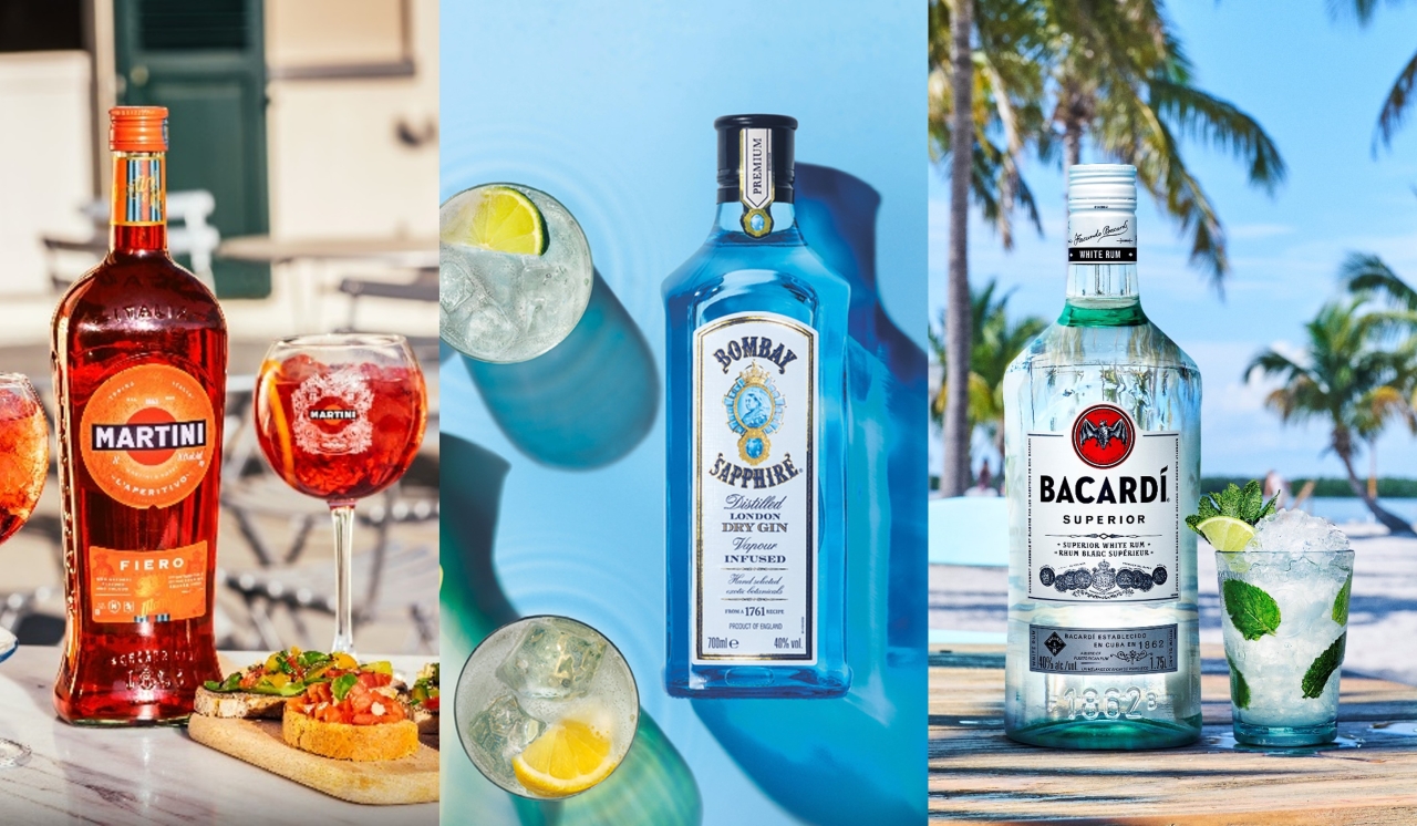 Collage of three images, different Bacardi beverage bottles and a cocktail glass next to it